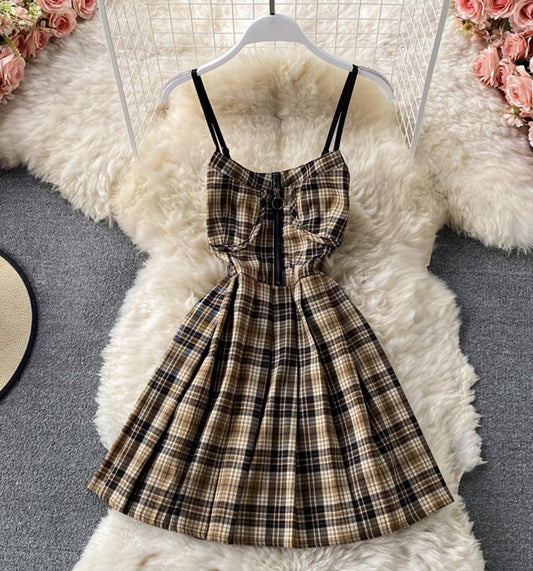 Cute plaid short A line dress  679