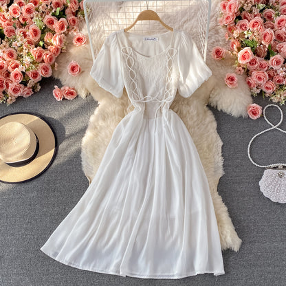 Weiße Spitze A-Linie kurzes Kleid Modekleid 497