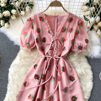 Pink v neck strawberry A line dress fashion dress  626