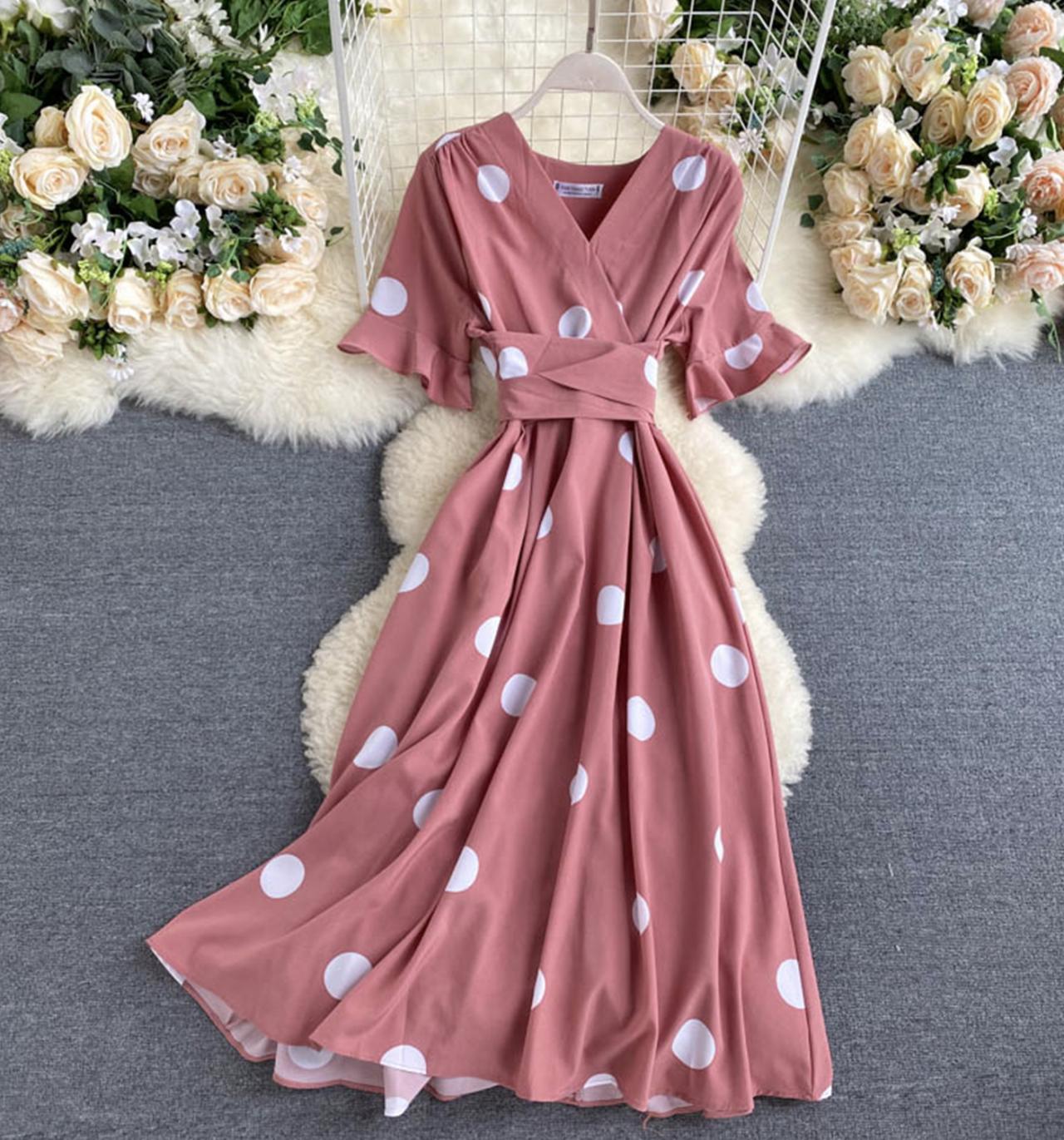 Einfaches, gepunktetes Kleid mit V-Ausschnitt, modisches Kleid 646