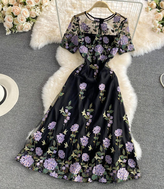 Black lace short dress A line fashion dress  676