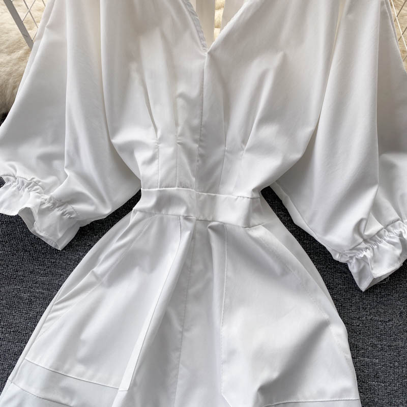Weißes A-Linien-Kleid mit V-Ausschnitt, modisches Kleid 412
