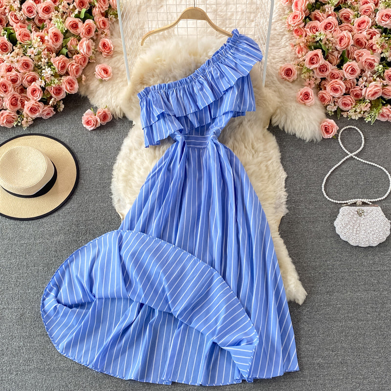 Cute blue stripe dress one shoulder dress  518
