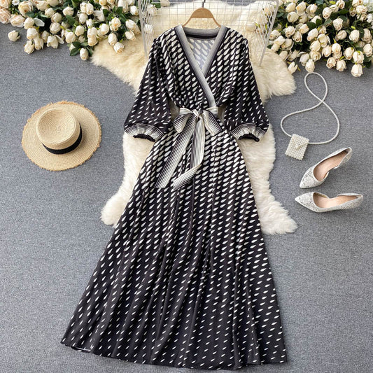 New gradient color polka dot temperament mid-sleeve lace-up waist dress  596