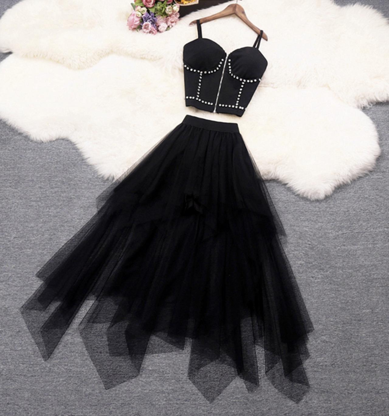 Black A line tulle two pieces dress fashion dress  680