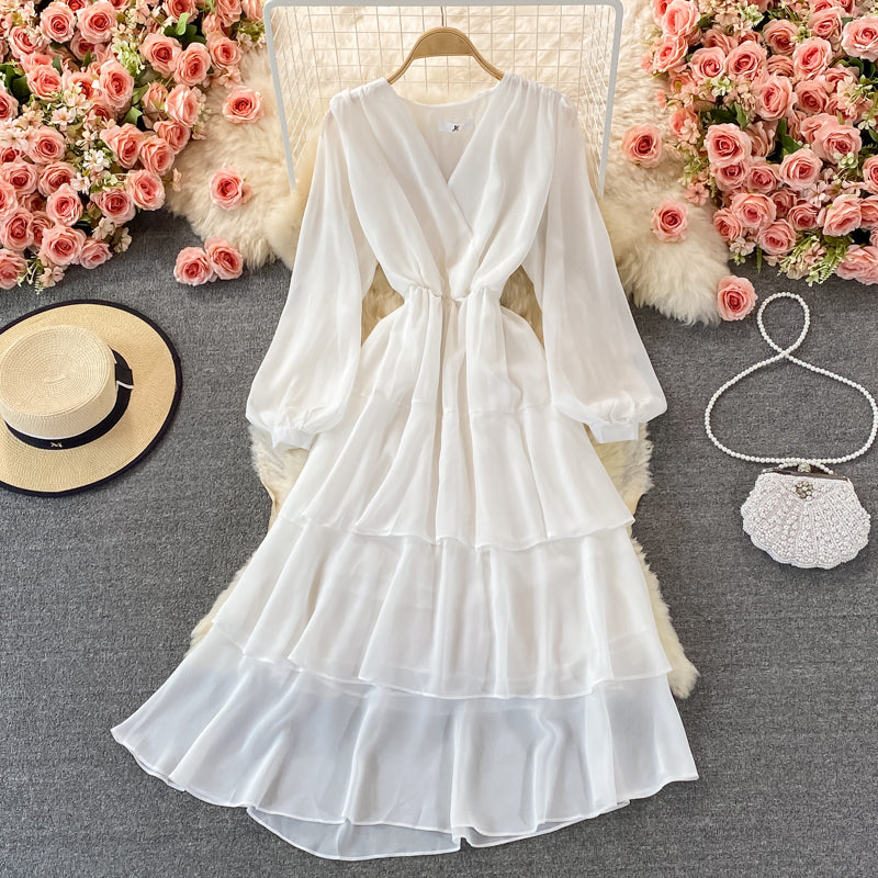 White v neck long sleeve dress fashion dress  491