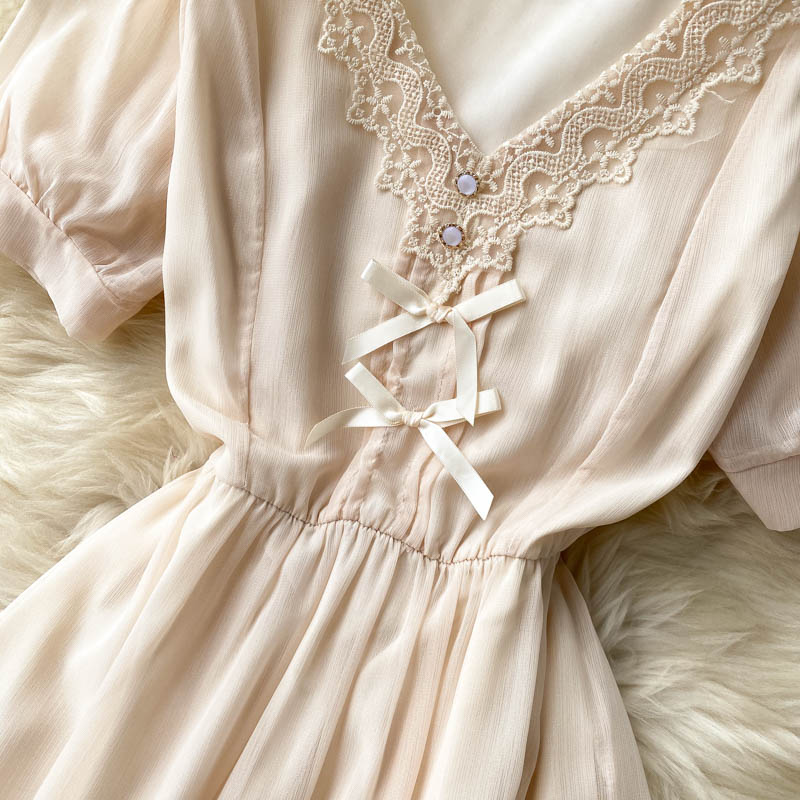 Sweet lace V-neck slim mid-length french gentle chiffon dress  609