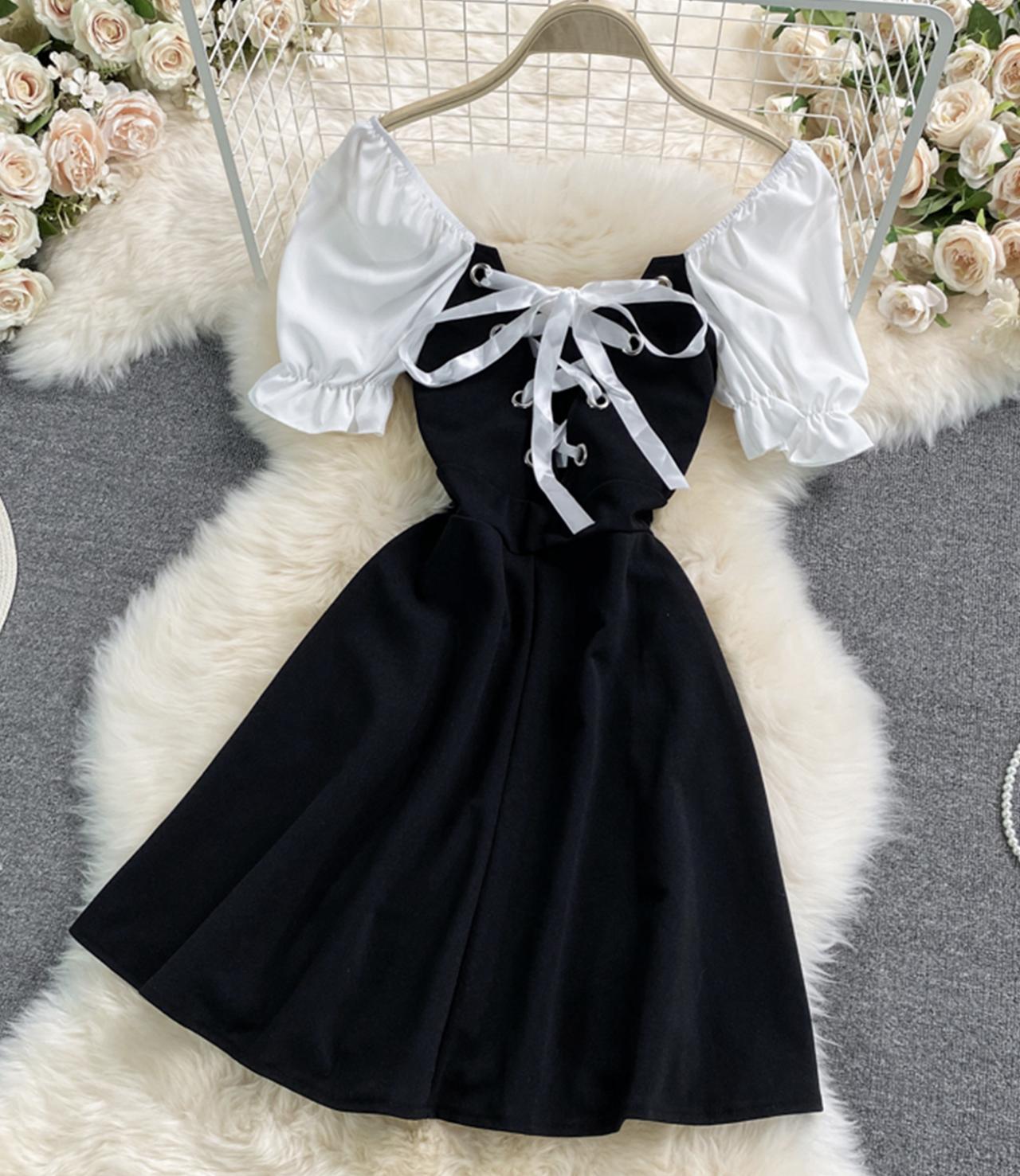 Cute black and white short dress fashion dress  658
