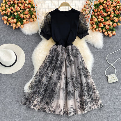 Black lace short A line dress fashion dress  529