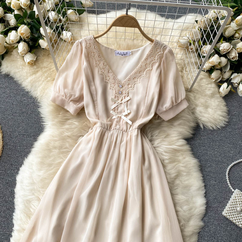 Sweet lace V-neck slim mid-length french gentle chiffon dress  609