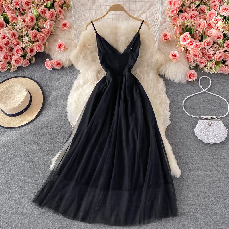 Black v neck tulle short dress A line fashion dress  496