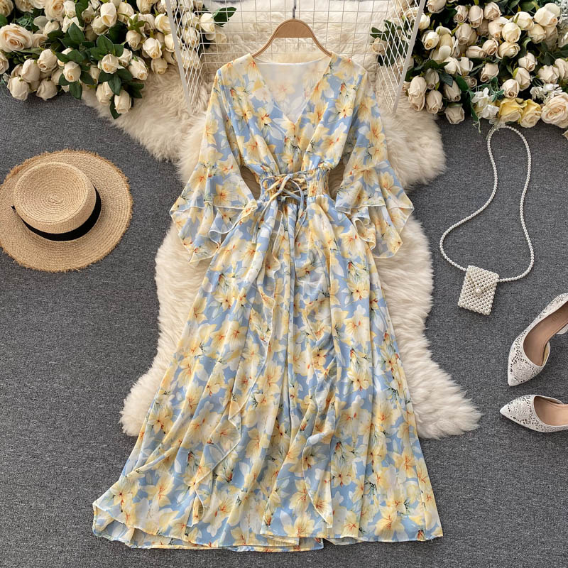 Cute v neck floral dress A line fashion dress  501
