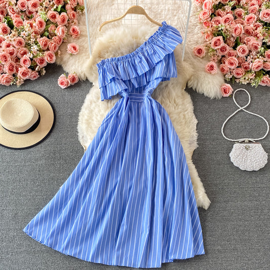 Cute blue stripe dress one shoulder dress  518