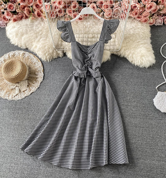 Cute plaid short dress A line dress  693