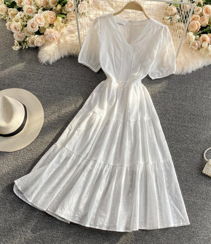 White A line v neck dress fashion dress  669