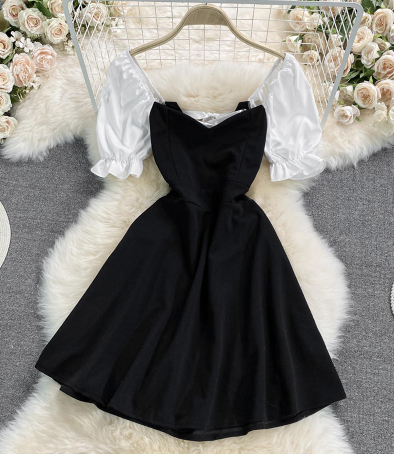 Cute black and white short dress fashion dress  658