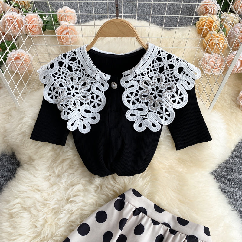 Cute knitted short-sleeved blouse for age reduction all-match polka-dot skirt fashion two-piece suit  598