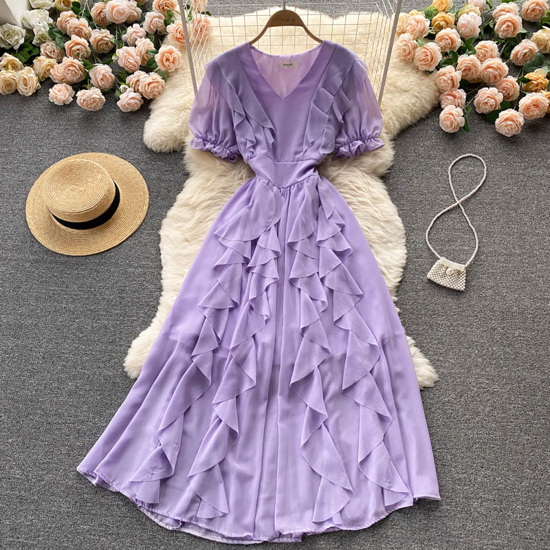 Süßes kurzes Kleid aus Chiffon mit V-Ausschnitt, Modekleid 471
