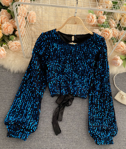 Shiny long sleeve sequins tops open back tops  368