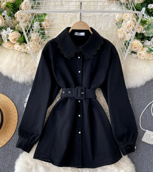 Stilvolles Denim-Spitzen-Langarmtop 357