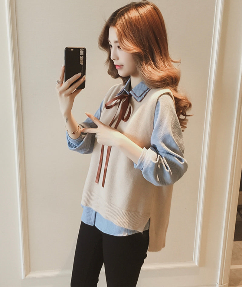 Cute sweater vest + long-sleeved striped shirt  367