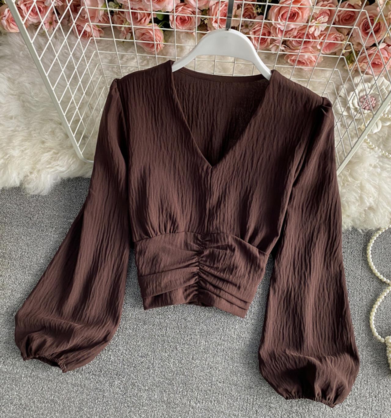 Simple v neck tops long sleeve tops  329