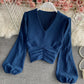 Simple v neck tops long sleeve tops  329