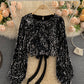 Shiny long sleeve sequins tops open back tops  368