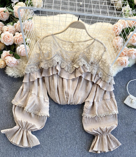 Stylische Langarmshirts durchsichtige Spitzentops 331