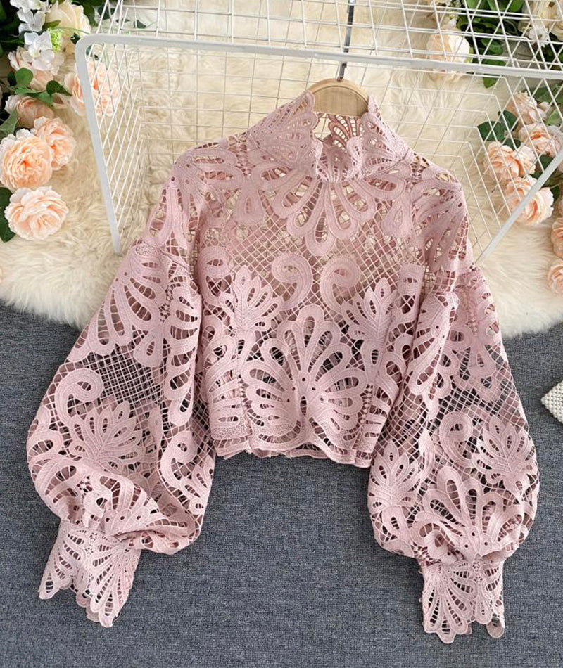 Stylish hollow lace top puff sleeve top  381
