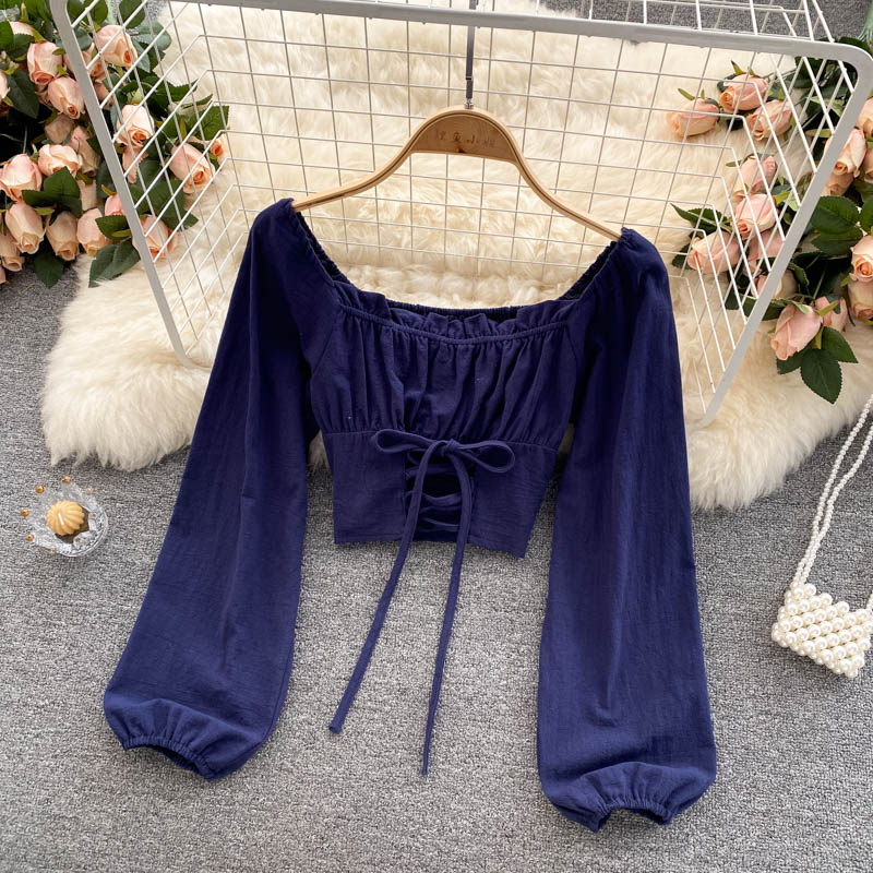 Cute long sleeve lace up tops 270