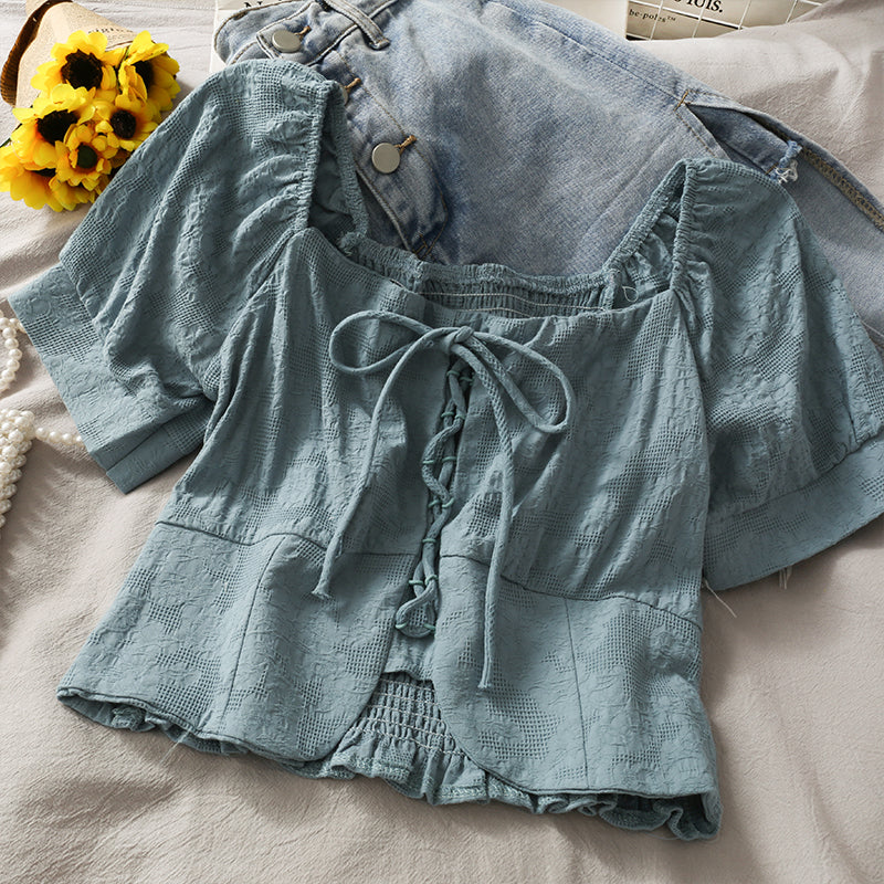 Cute lace up short sleeve top crop tops  296