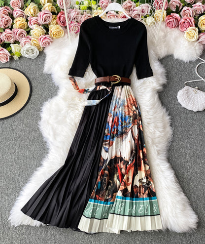 A line knitted patchwork dress printed dress  201