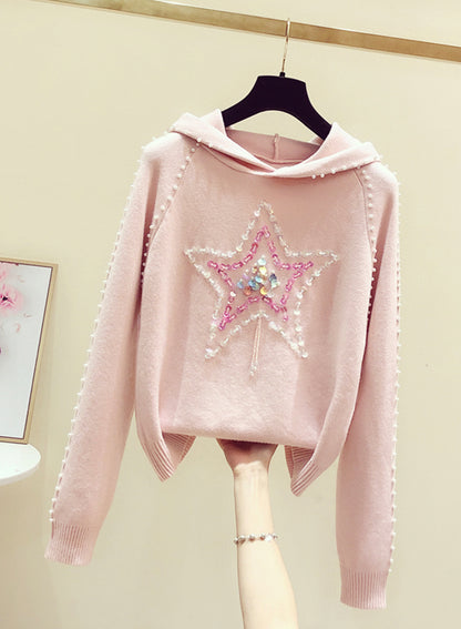 Pink long sleeve sweater round neck hooded sweater  242