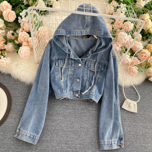 Fashionable denim long-sleeved top and hooded cropped top  248