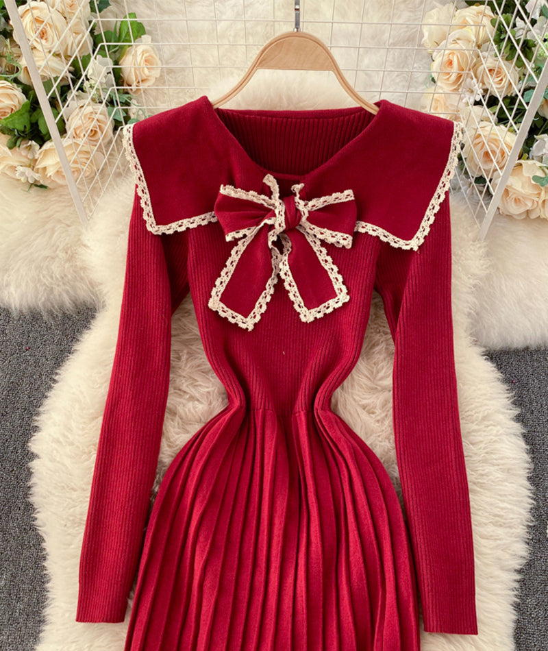 Lovely bow knitted dress long sleeve dress  190