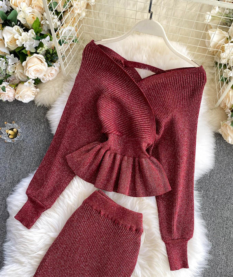Fashionable long-sleeved v-neck sweater sweater set  207