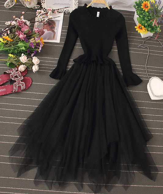 Schönes A-Linien-Patchwork-Kleid aus gestricktem Tüll 204