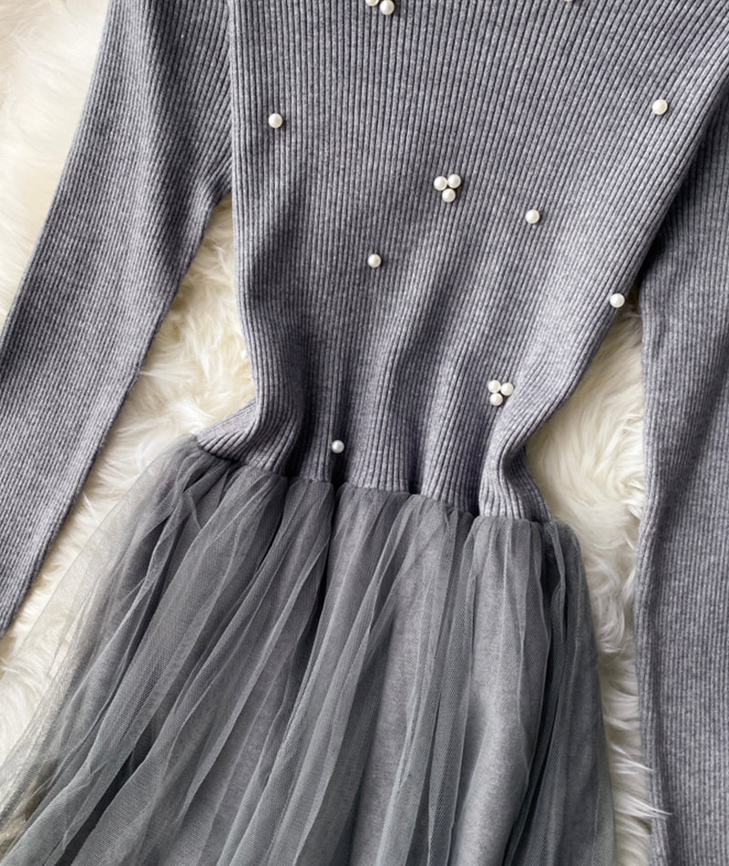 Knitted tulle panel dress long sleeve dress  202