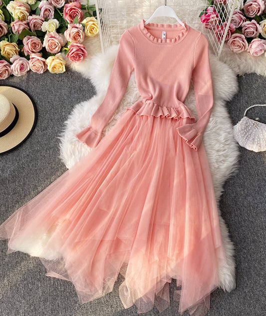 Schönes A-Linien-Patchwork-Kleid aus gestricktem Tüll 194