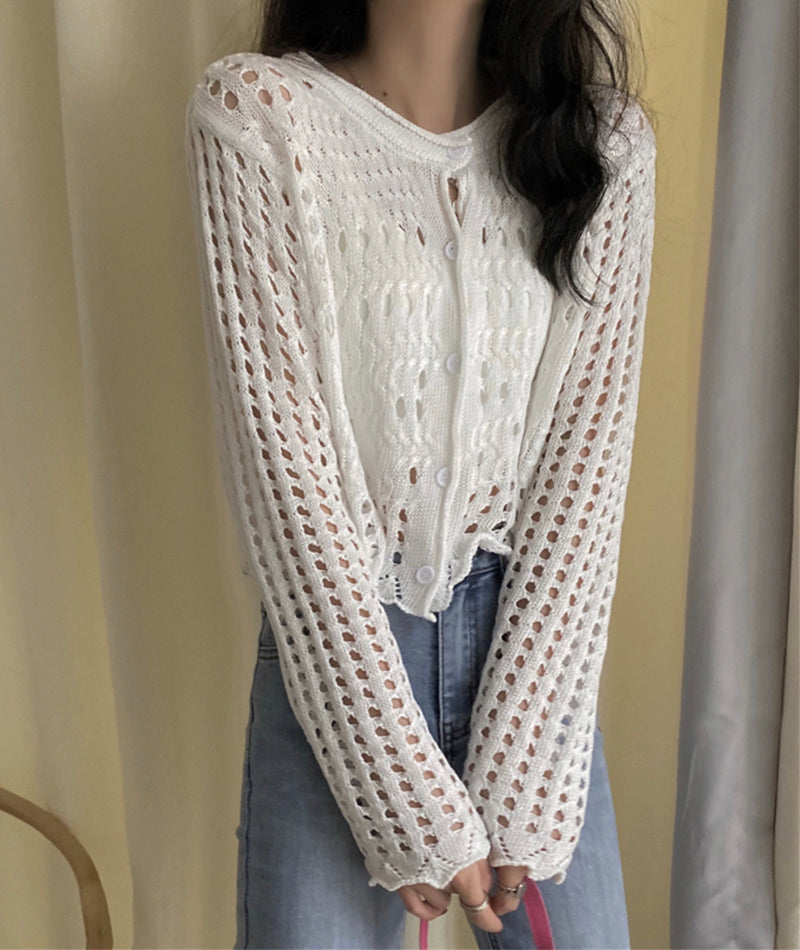 White hollow out long sleeves cropped cardigan  152