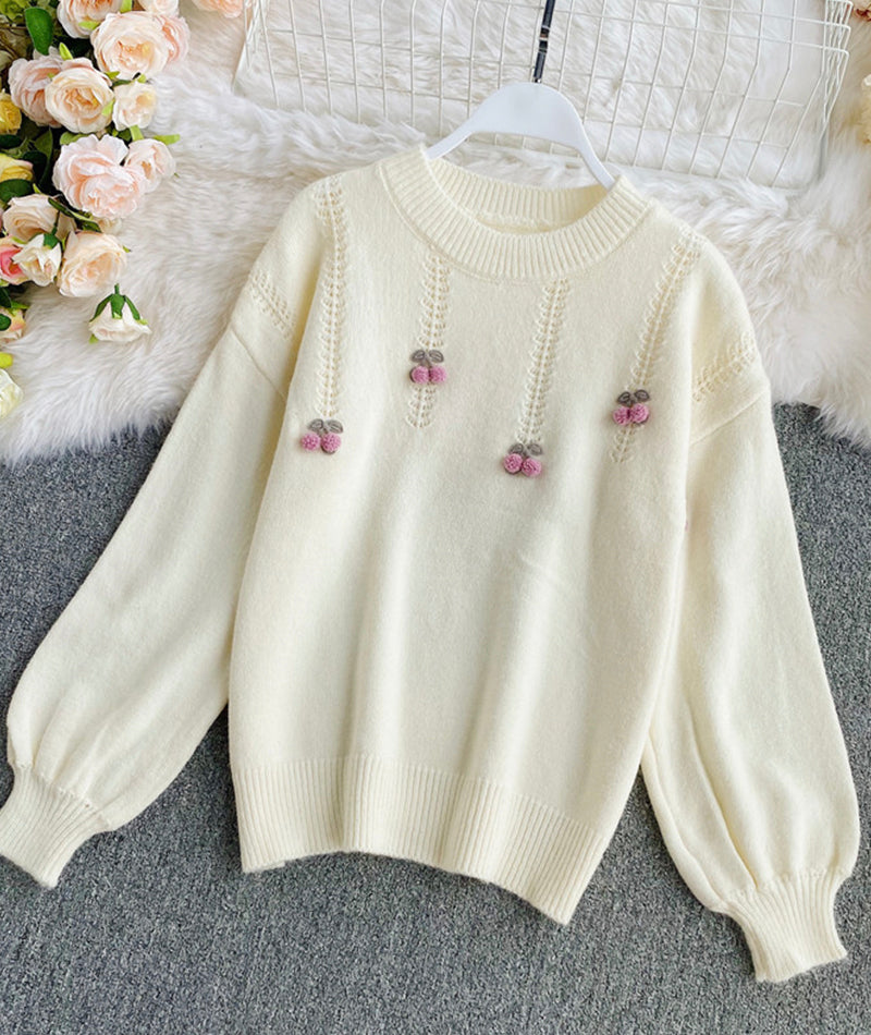 Cute round neck long sleeve sweater cherry sweater  101