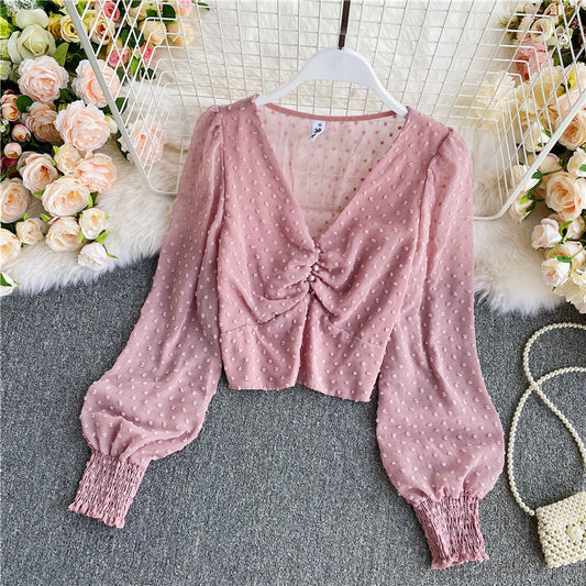 Süße langärmlige Crop-Tops mit V-Ausschnitt 311