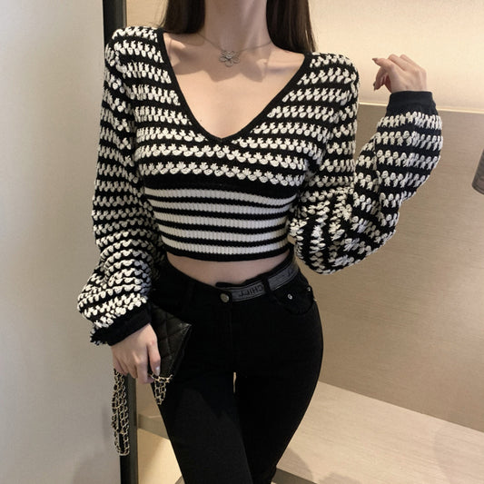 Fashionable v-neck long-sleeved knitted top  308