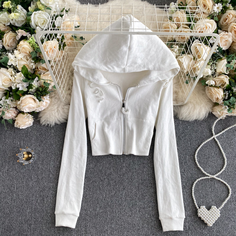 Fashionable autumn long-sleeved short jacket white hoodie  249