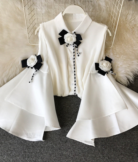 Einzigartiges, schulterfreies, langärmliges Chiffon-Oberteil mit großen, ausgestellten Ärmeln 389