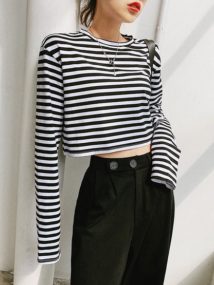 Black and white stripe long sleeve T shirt  323