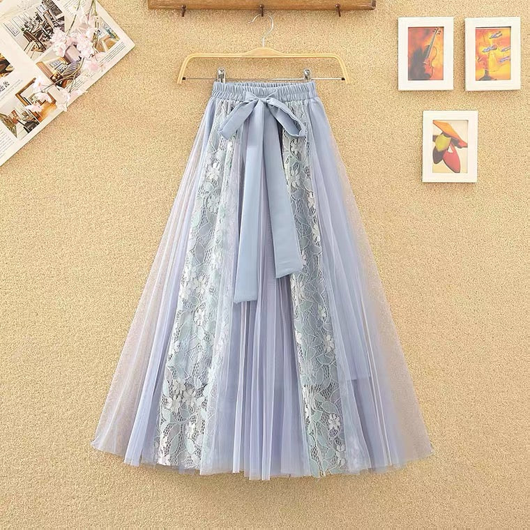 Jupe trapèze féerique, nouveau style, nœud, coutures en dentelle, jupe taille haute en maille, jupe longue en gaze hirsute 3520