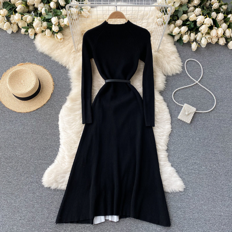 Black A line long sleeve dress knitted dress  163