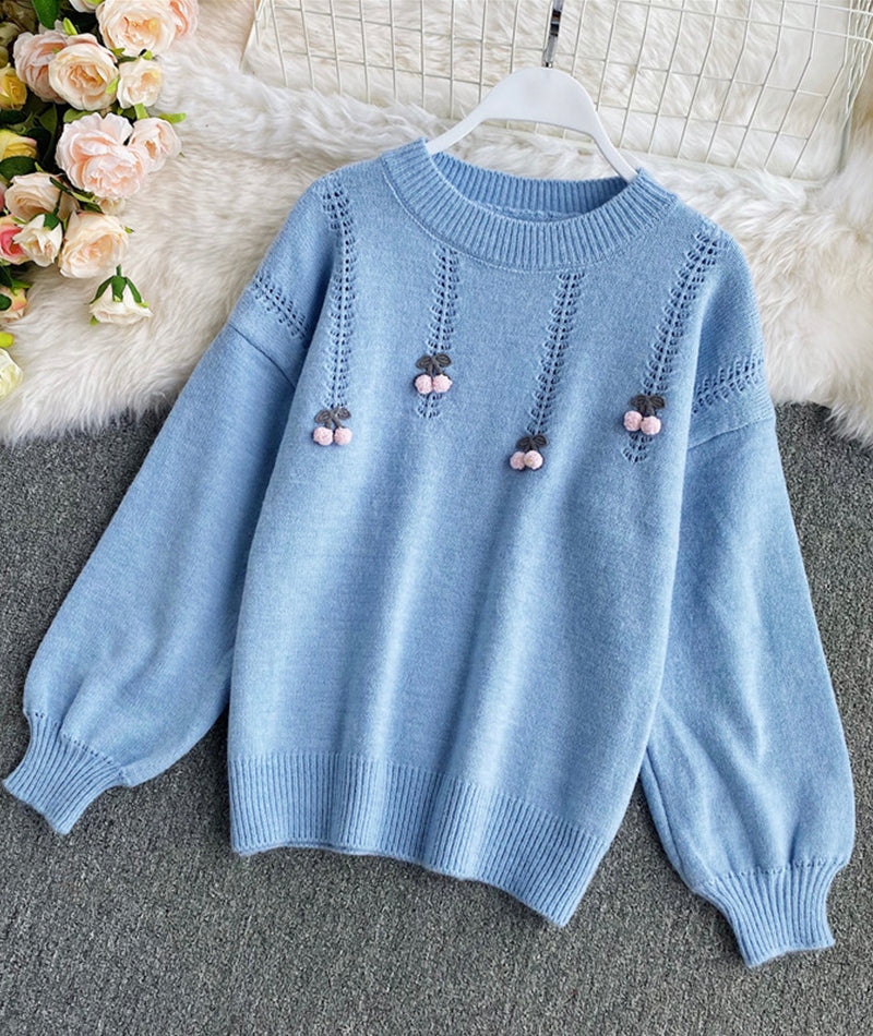 Süßer Langarm-Pullover mit Rundhalsausschnitt Cherry Sweater 101